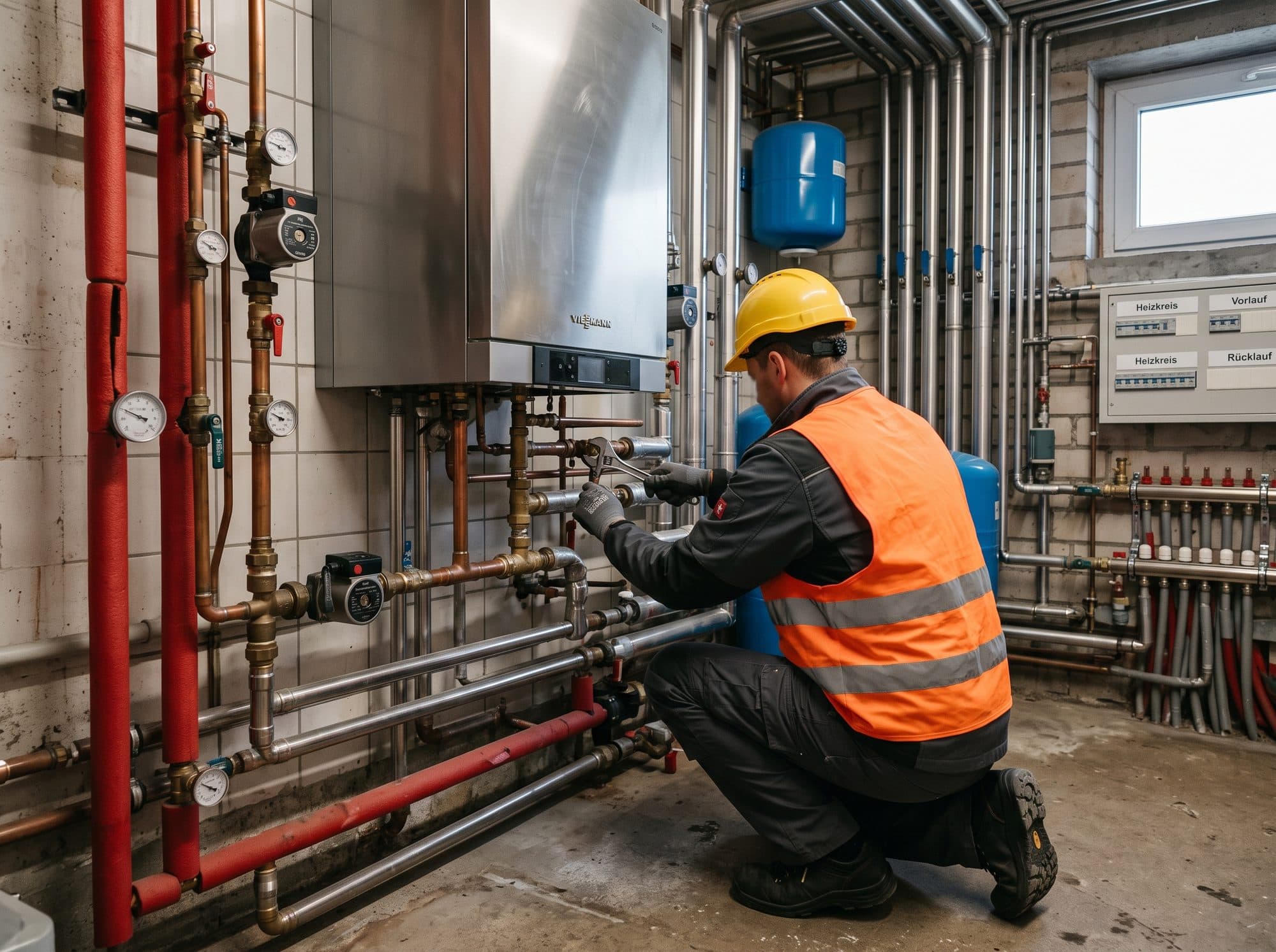 Anlagenmechaniker zieht im Technikraum eines öffentlichen Gebäudes eine Verschraubung an Heizungsrohren nach