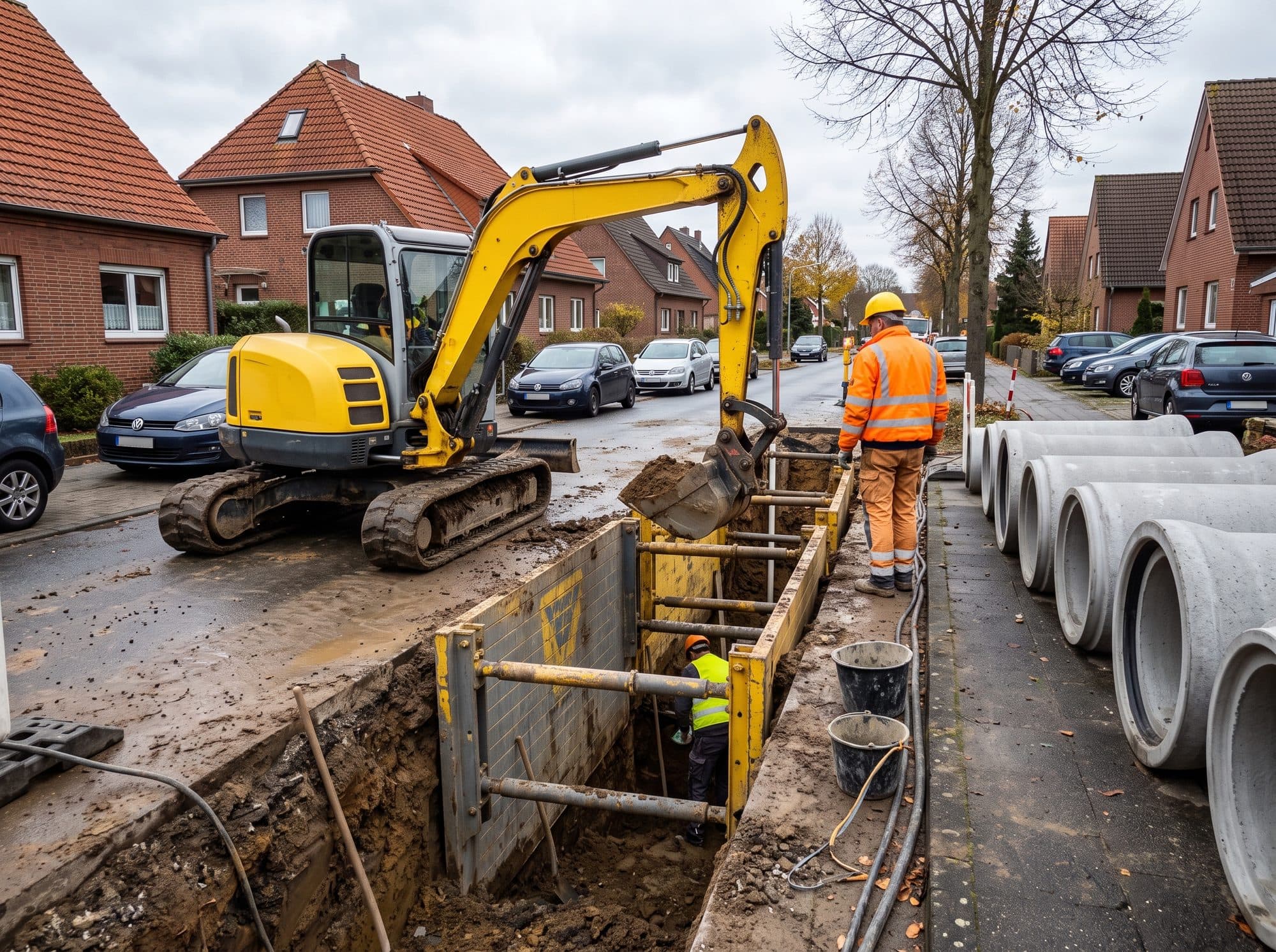 Gelber Bagger hebt in einer Wohnstraße einen verbauten Graben aus, daneben liegen Betonrohre