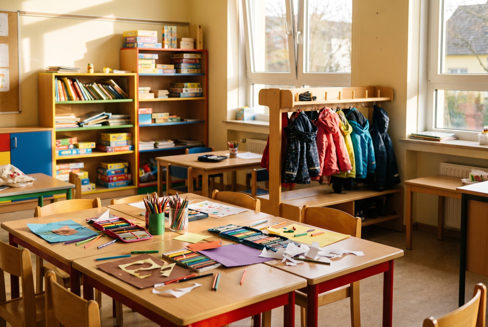 Raum der Nachmittagsbetreuung einer Grundschule mit Bastelmaterial auf niedrigen Tischen