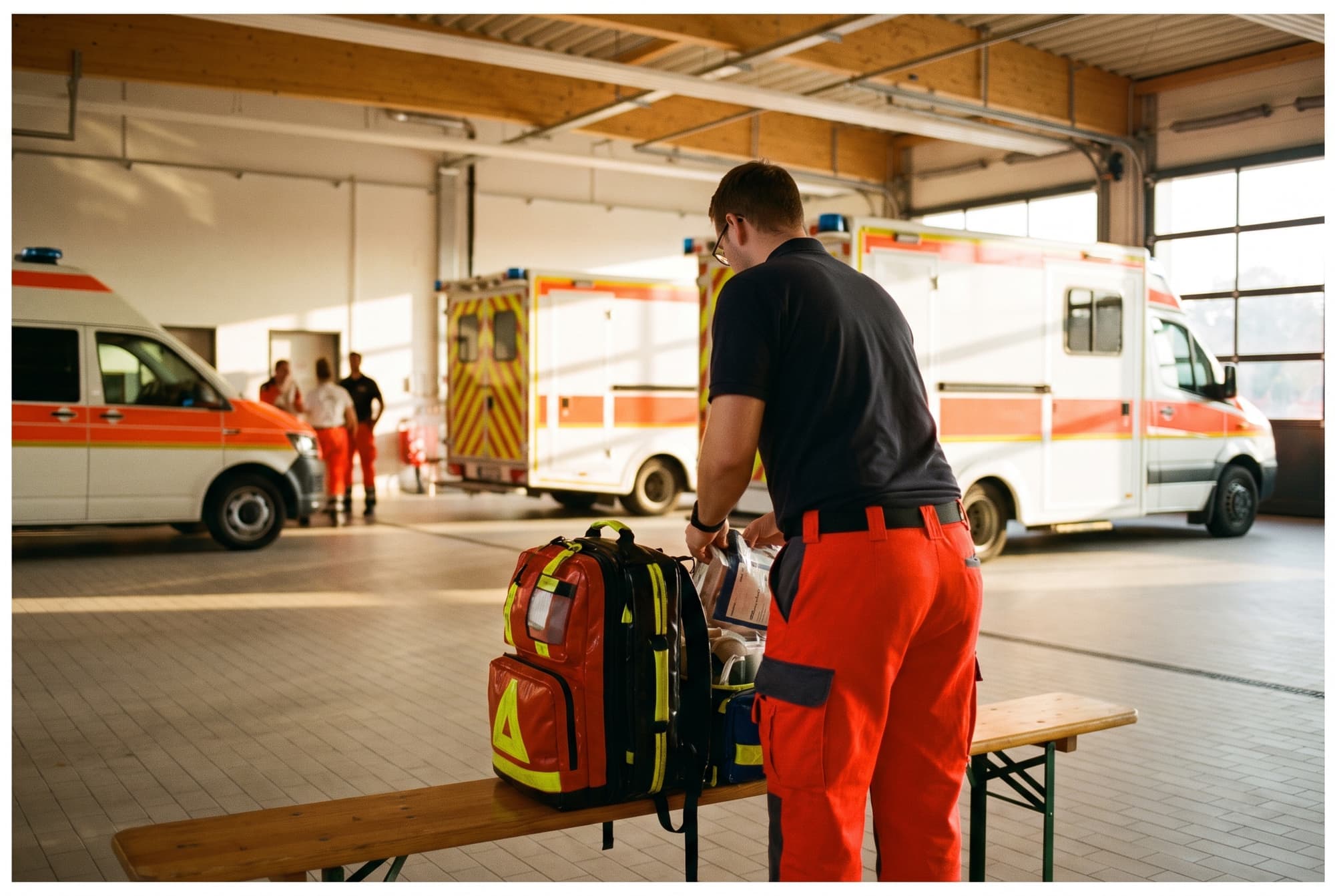Rettungswagen in einer hellen Fahrzeughalle, davor ein Notfallrucksack auf einer Bank