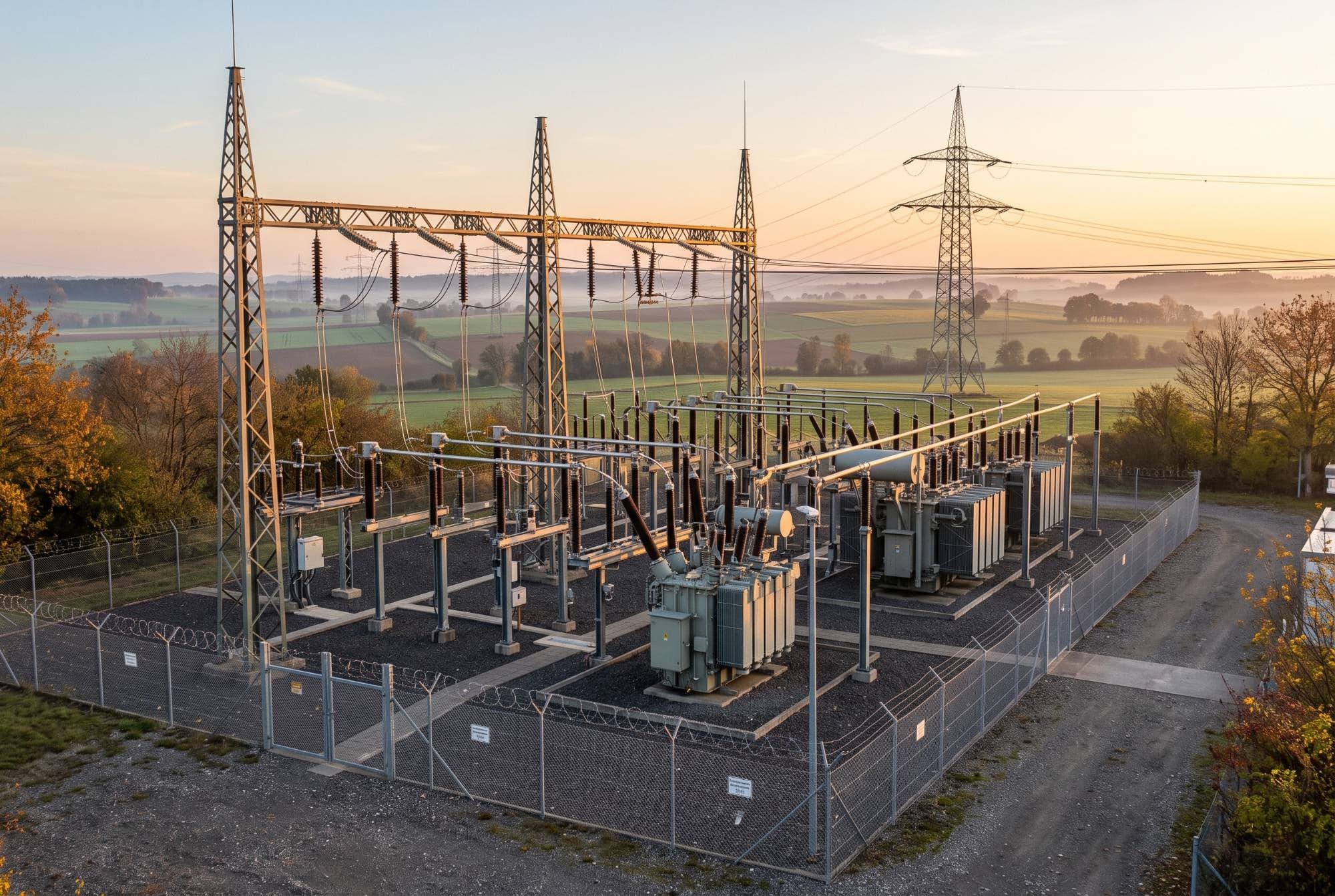 Freiluftschaltanlage eines Umspannwerks bei Sonnenaufgang, dahinter Hochspannungsleitungen über Feldern