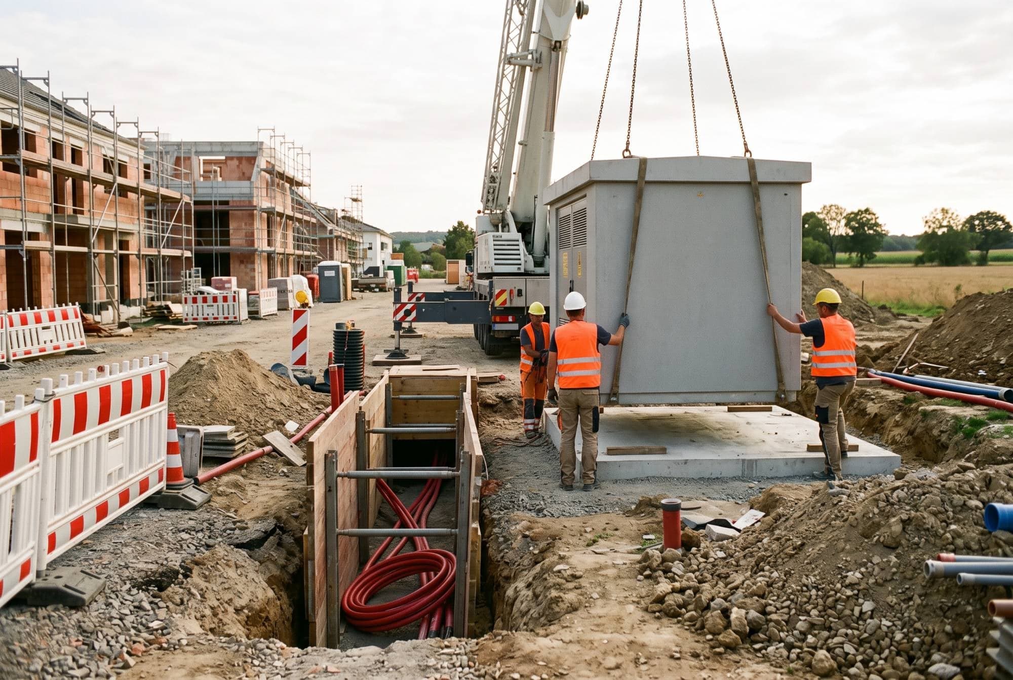 Mobilkran setzt eine Kompakttrafostation auf ihr Fundament am Rand eines Neubaugebiets, daneben ein Kabelgraben mit Mittelspannungskabeln