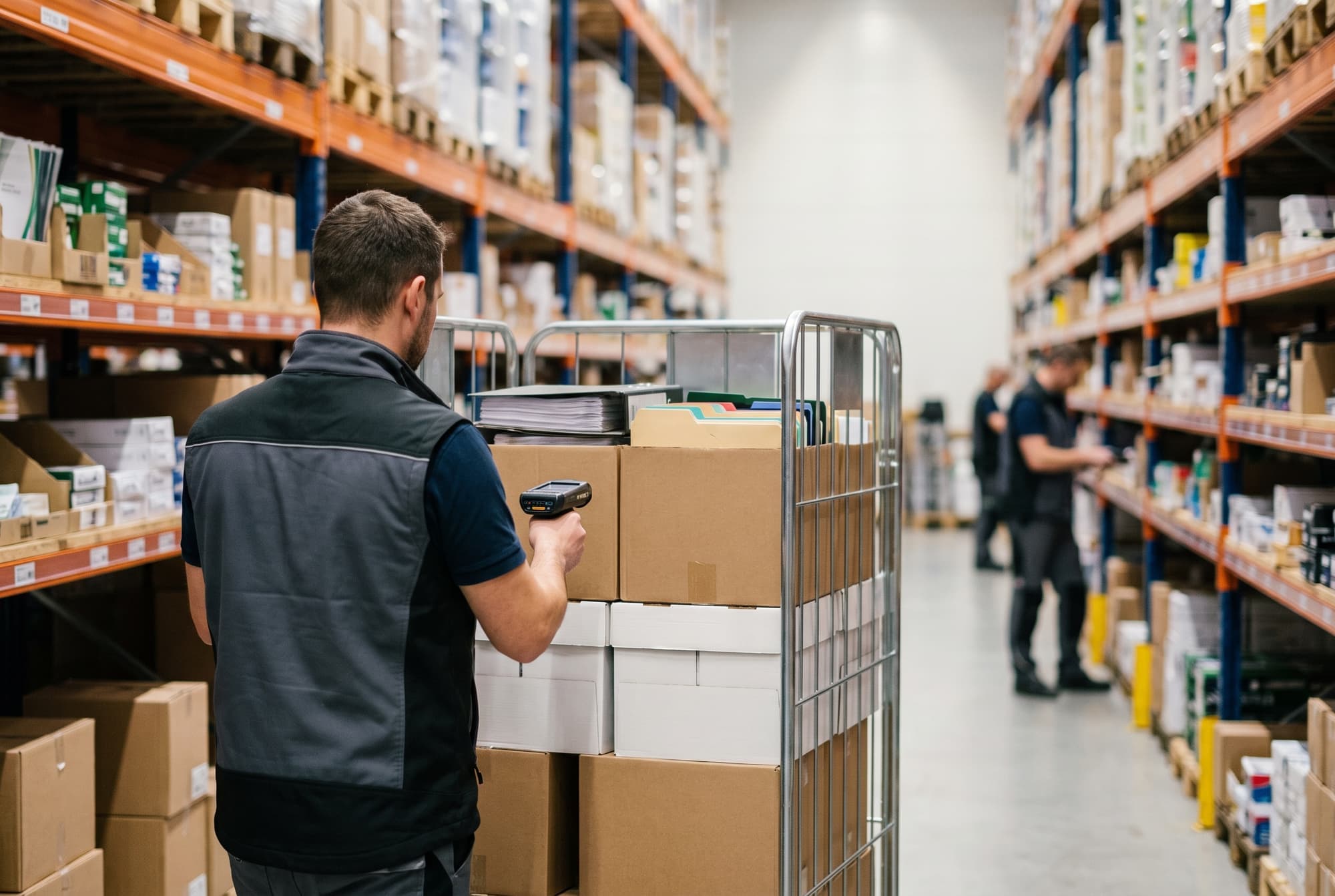 Lager eines Bürobedarfshändlers mit Regalen voller Kopierpapier, Ordner und Toner