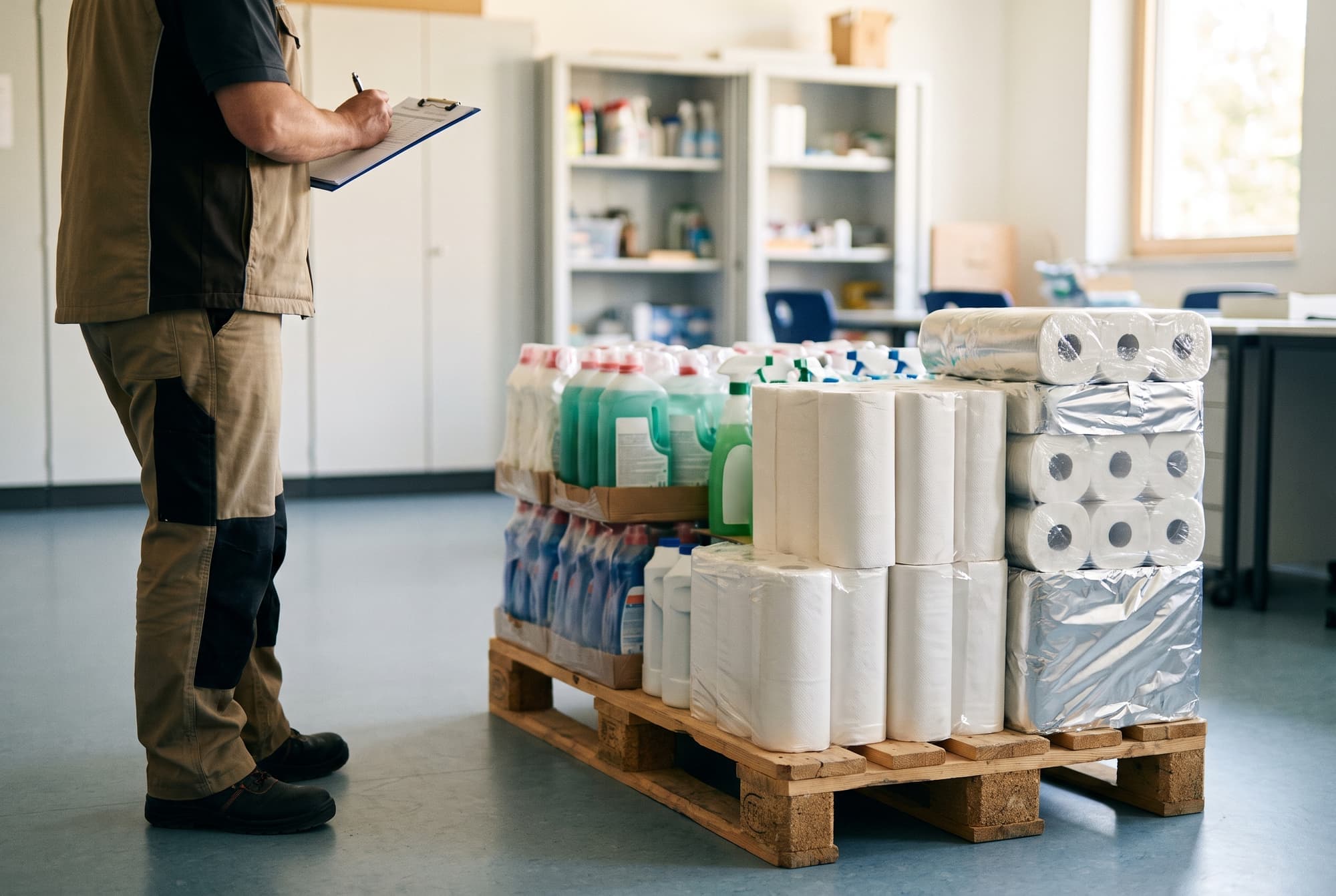 Palette mit Reinigungsmitteln und Papierhandtüchern im Lagerraum einer Schule