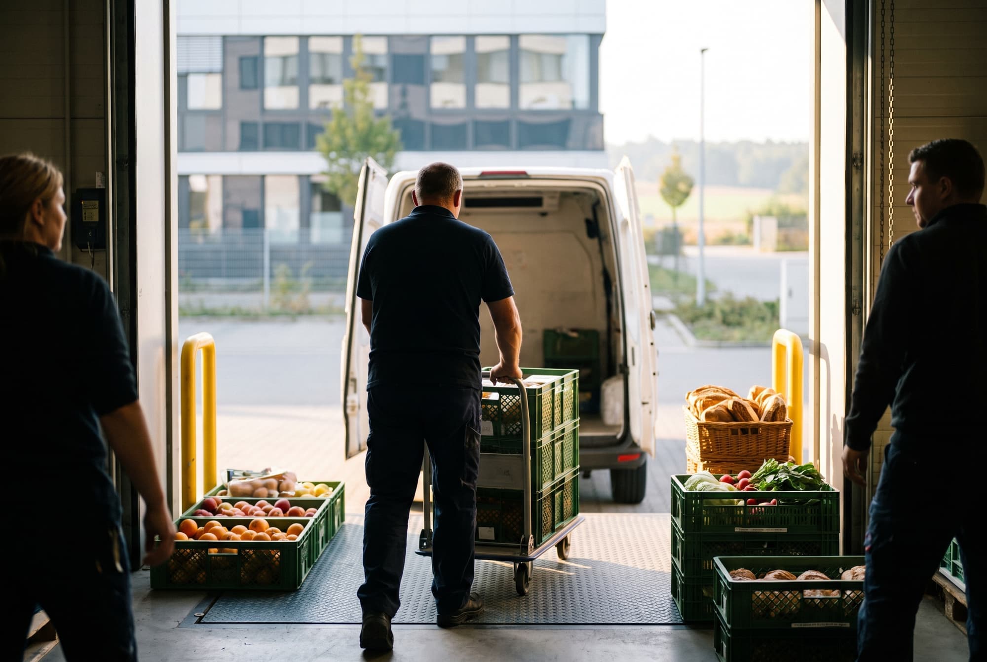 Lieferung von Obst, Gemüse und Brot an der Laderampe einer Großküche