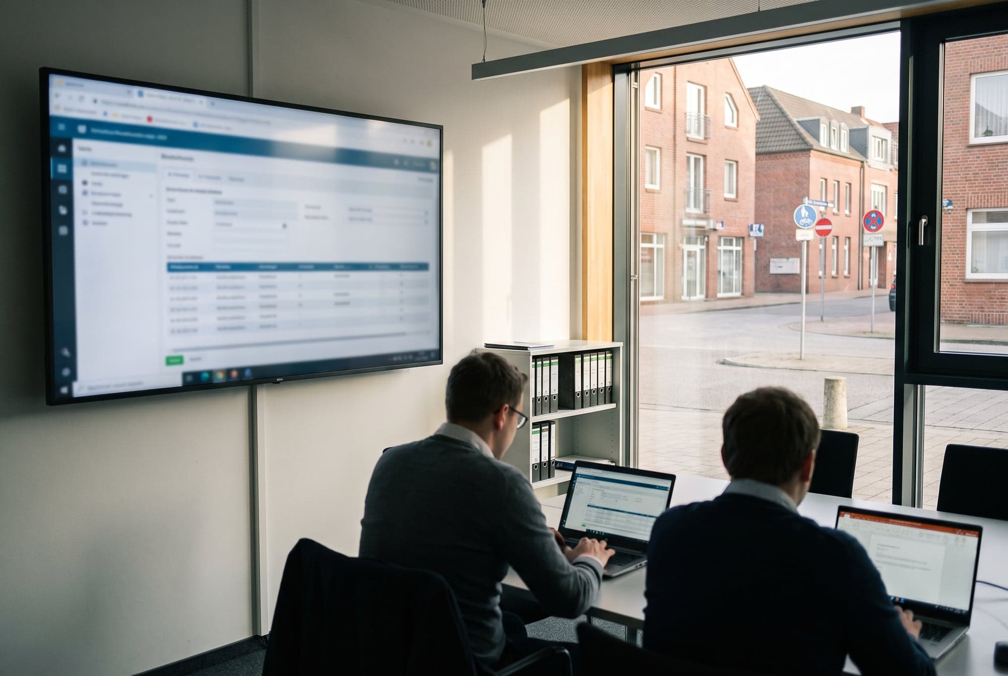 Teststellung eines Fachverfahrens: zwei Personen mit Laptop vor einem großen Bildschirm im Besprechungsraum einer Stadtverwaltung