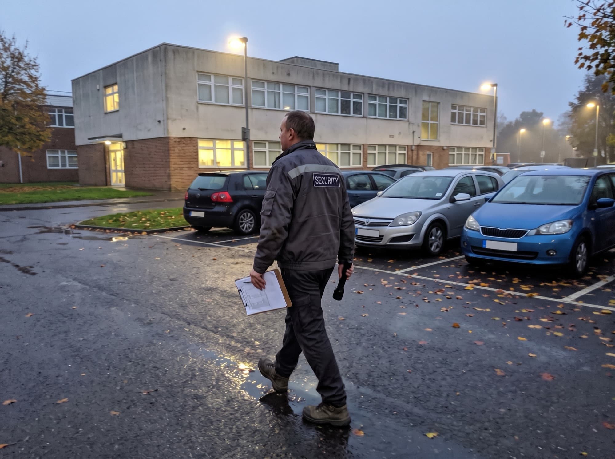 Mitarbeiter eines Wachdiensts mit Klemmbrett und Taschenlampe auf Kontrollgang über den Parkplatz eines Verwaltungsgebäudes