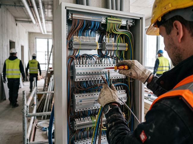 Elektriker verdrahtet einen Verteilerschrank