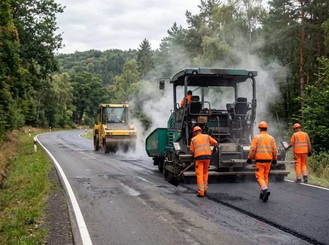 Asphaltfertiger und Walze bei der Erneuerung einer Landstraße