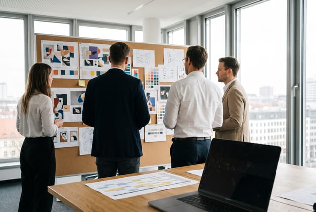 Agenturteam vor einer Pinnwand mit Kampagnenmotiven, Laptop und Zeitplan im Vordergrund