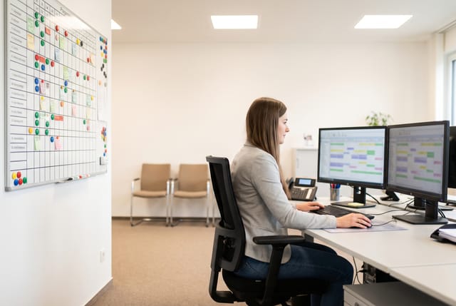 Disponentin eines Personaldienstleisters am Bildschirm, an der Wand der Schichtplan