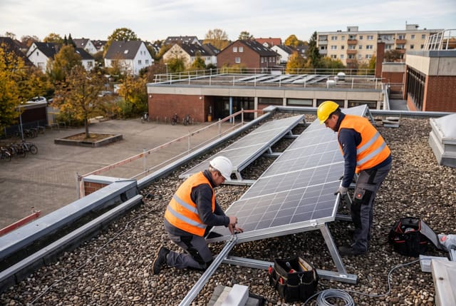 Monteure montieren Photovoltaik-Module auf dem Flachdach einer Schule