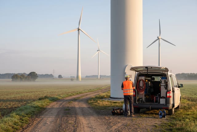 Servicetechniker am Turmfuß einer Windenergieanlage