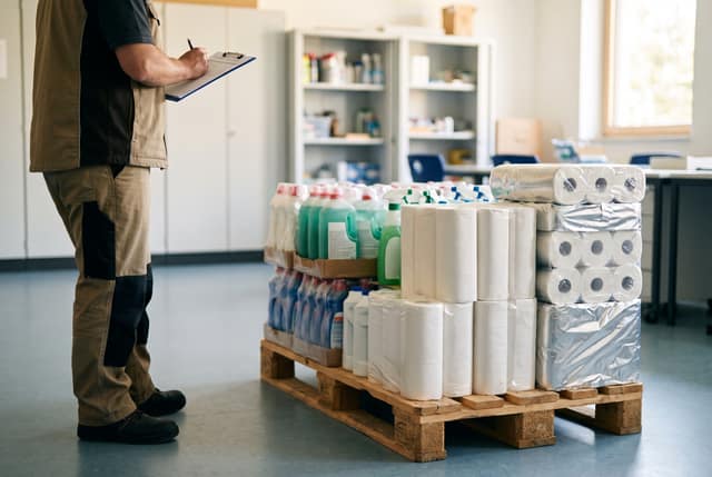 Palette mit Reinigungsmitteln und Papierhandtüchern im Lagerraum einer Schule