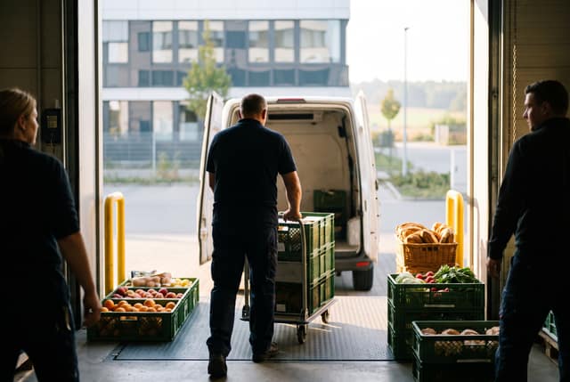 Lieferung von Obst, Gemüse und Brot an der Laderampe einer Großküche