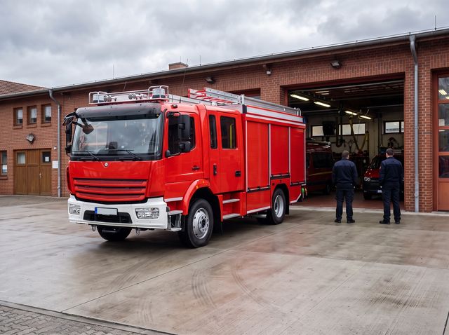 Neues rotes Feuerwehrfahrzeug vor der offenen Halle eines Feuerwehrhauses