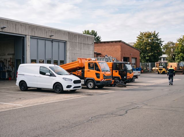Transporter und orange Kommunalfahrzeuge auf dem Hof eines Bauhofs