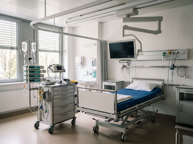 Behandlungsraum einer Klinik mit Patientenmonitor, Infusionspumpen und Gerätewagen