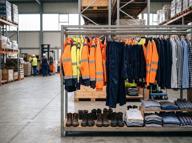 Warnschutzjacken, Arbeitshosen und Sicherheitsschuhe an einem Kleiderständer im Lager