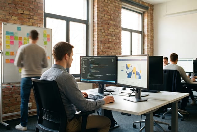 Entwicklerteam vor Monitoren mit dem Prototyp eines Bürgerportals