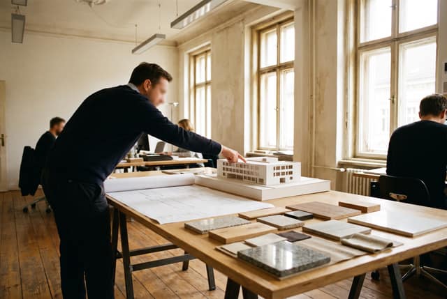 Architekt beugt sich im Altbaubüro über das weiße Modell eines Schulneubaus, daneben Pläne und Materialmuster