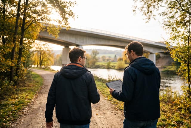 Zwei Ingenieure mit Tablet auf einem Uferweg vor einer Betonbrücke über einen Fluss