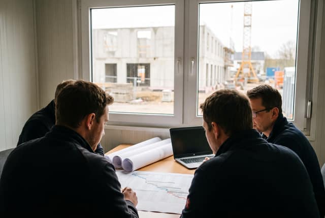 Planungsbesprechung im Baubüro mit Terminplan und Planrollen, draußen ein Rohbau mit Kran