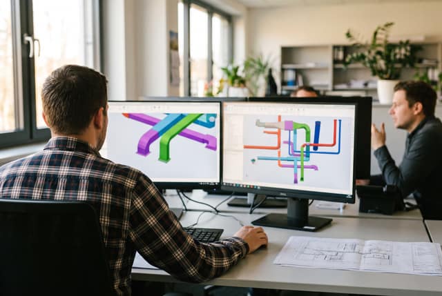 Ingenieur vor zwei Monitoren mit einem 3D-Modell von Lüftungskanälen und Rohrleitungen