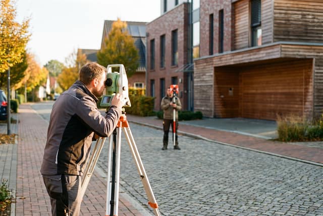Vermessungsingenieur an einem Tachymeter am Straßenrand einer Kleinstadt